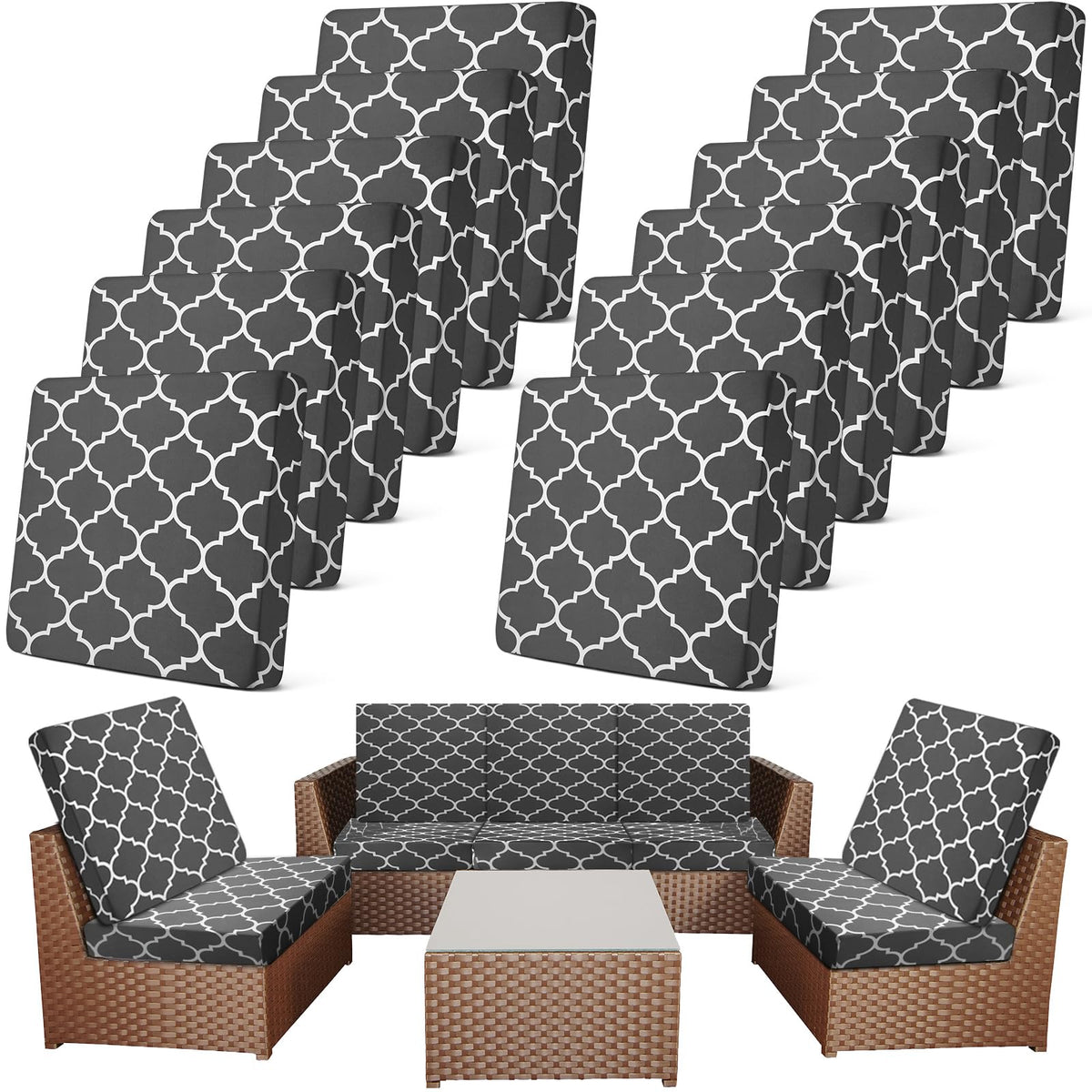 Newwiee front view of 12-pack covers showing dark gray Moroccan style and full-set benefit