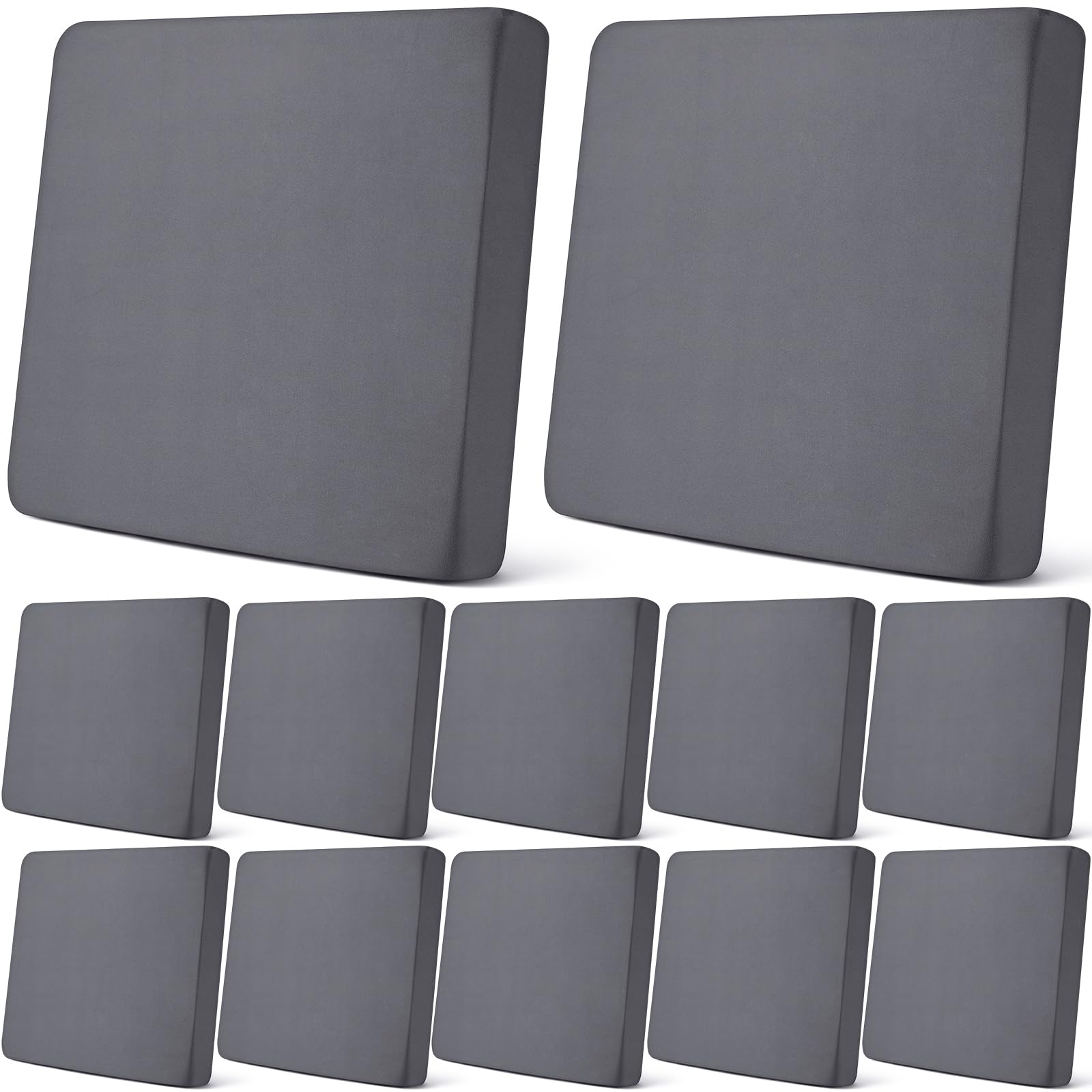 Newwiee front view of 12-piece dark gray cushion covers showing neat stack and packaging benefit: coordinated protection