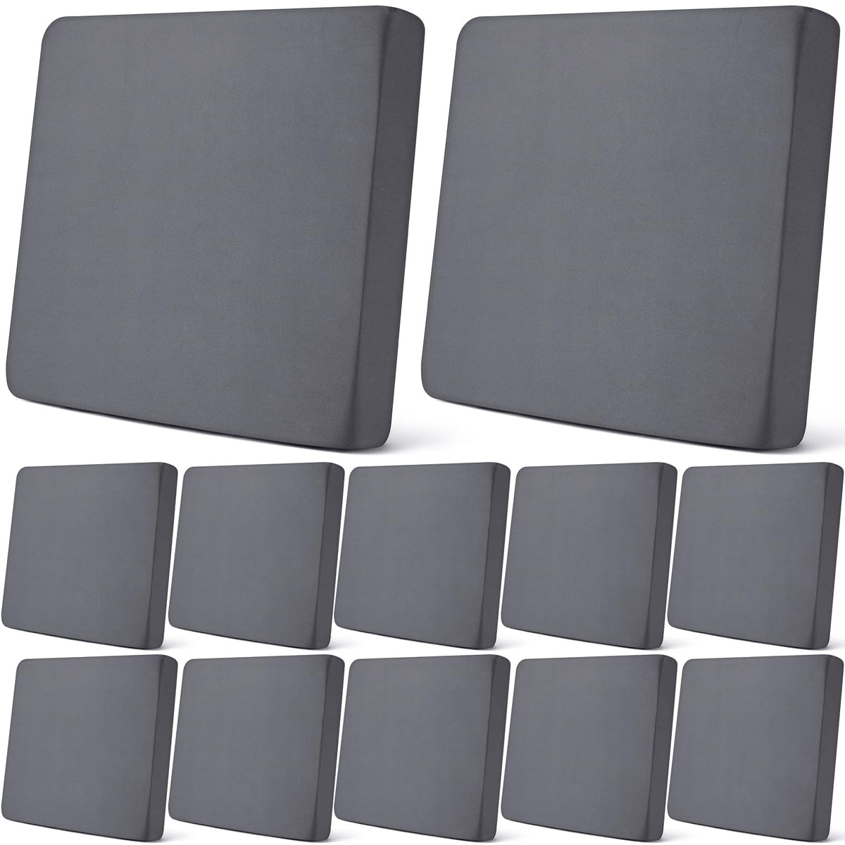 Newwiee front view of 12-piece dark gray cushion covers showing neat stack and packaging benefit: coordinated protection