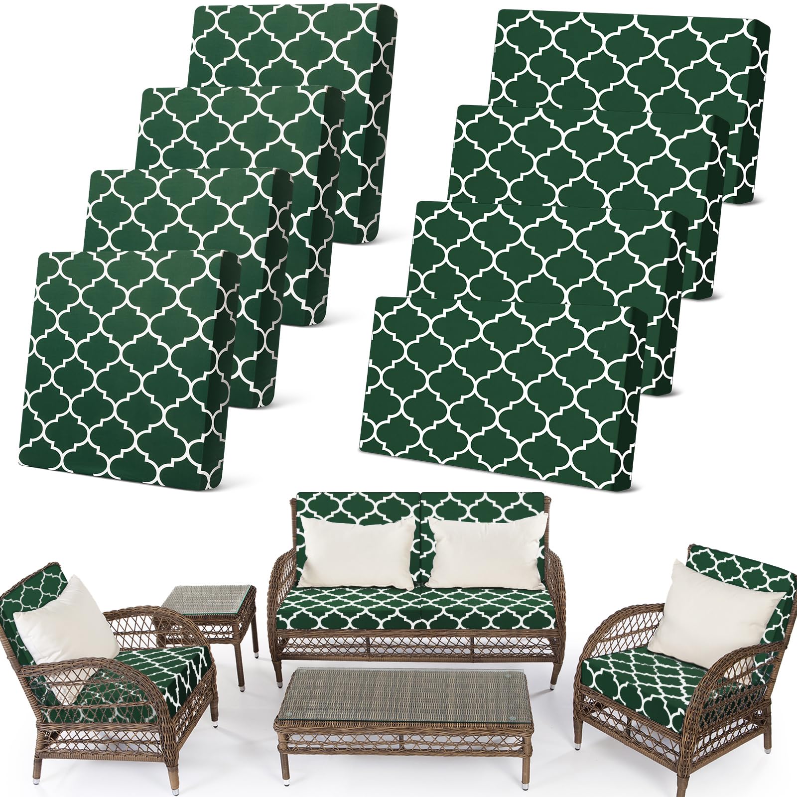 Newwiee front view of 8-piece dark green cushion covers showing coordinated set and benefit
