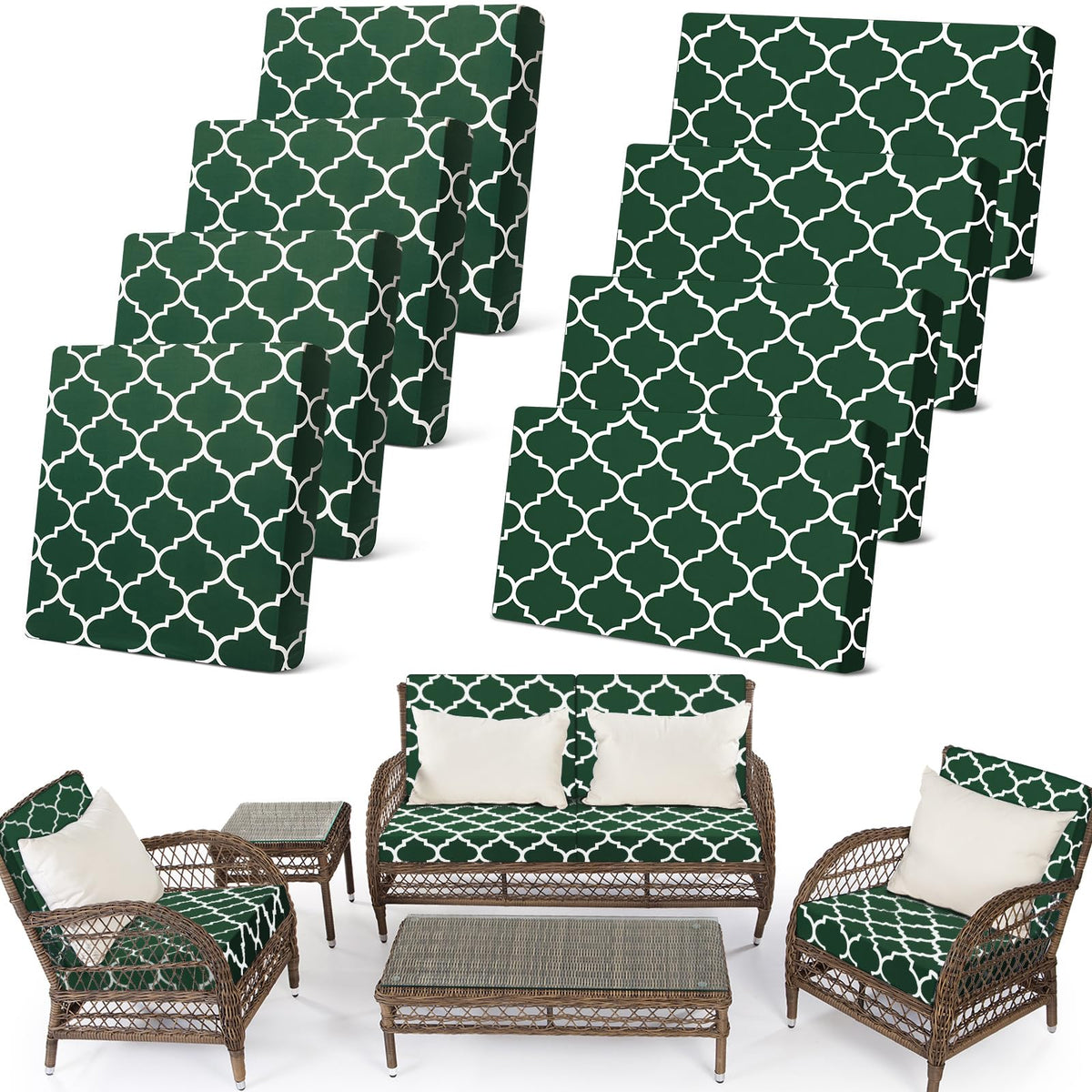 Newwiee front view of 8-piece dark green cushion covers showing coordinated set and benefit