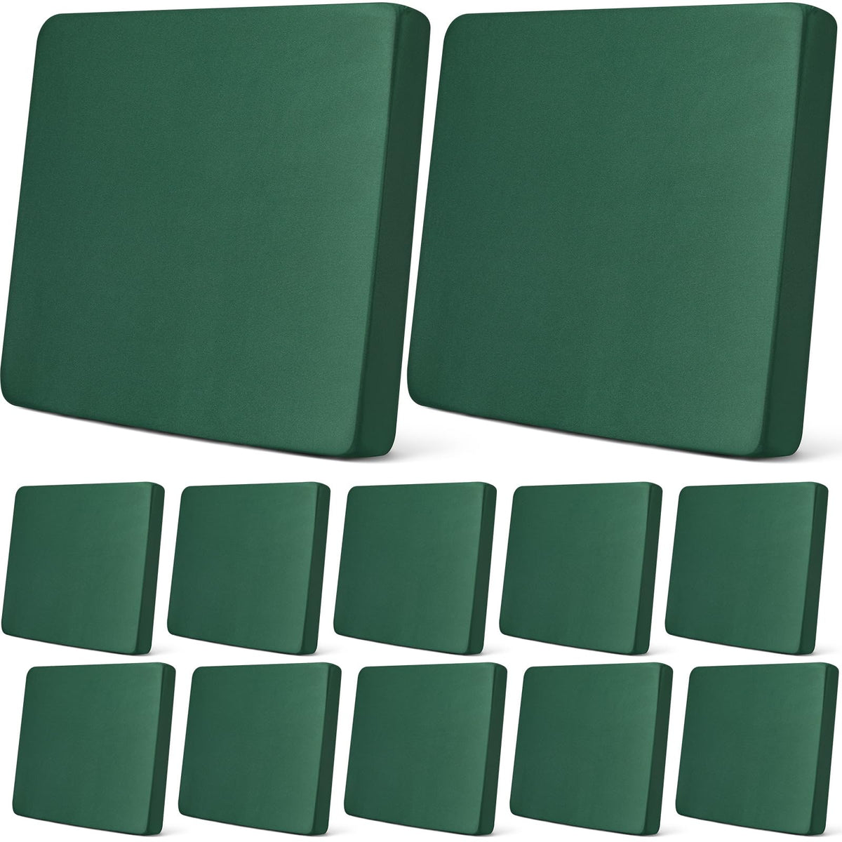Newwiee front view of 12 dark green cushion covers showing organized set and protection