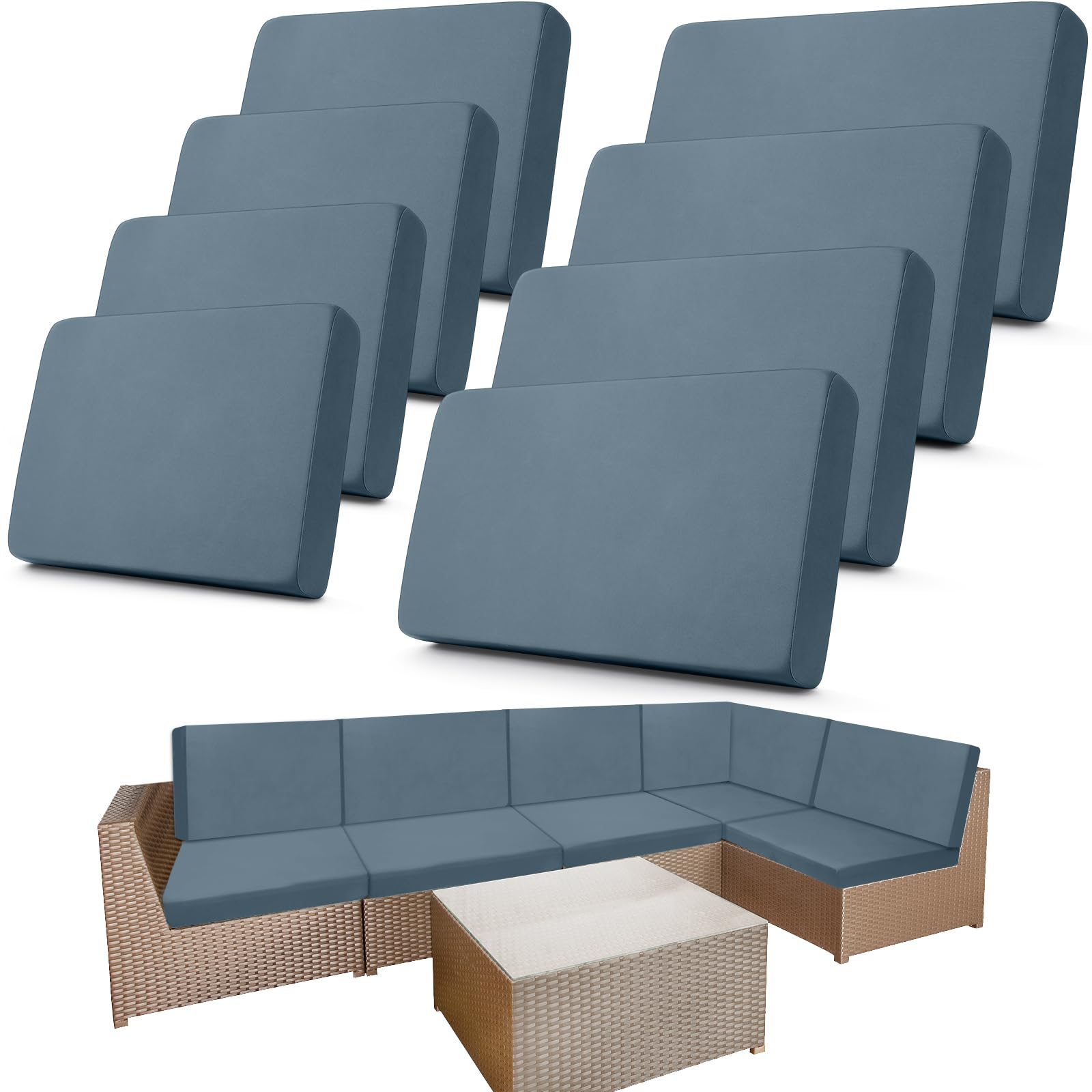 Newwiee front view of 8-piece gray blue cover set showing coordinated look and easy refresh