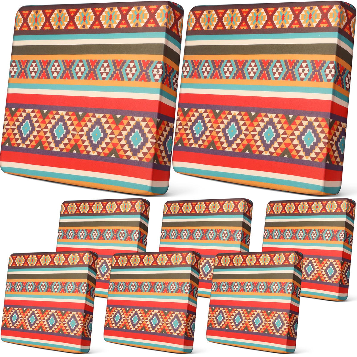 Newwiee front view of eight Santa Fe warm-color cushion covers showing coordinated set and protection