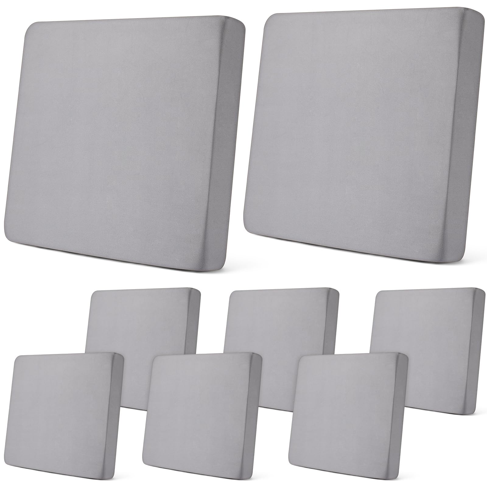 Newwiee front view of eight light grey cushion covers showing tidy set and neutral color benefits