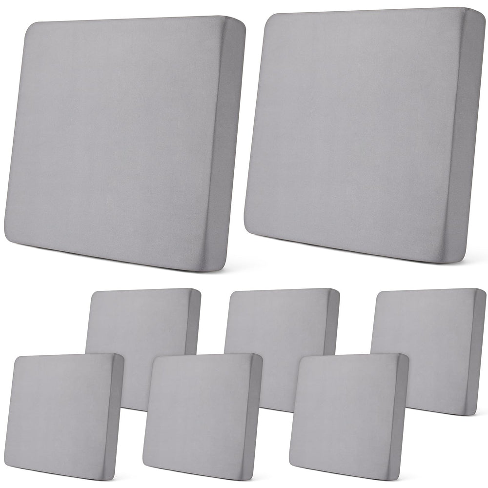 Newwiee front view of eight light grey cushion covers showing tidy set and neutral color benefits