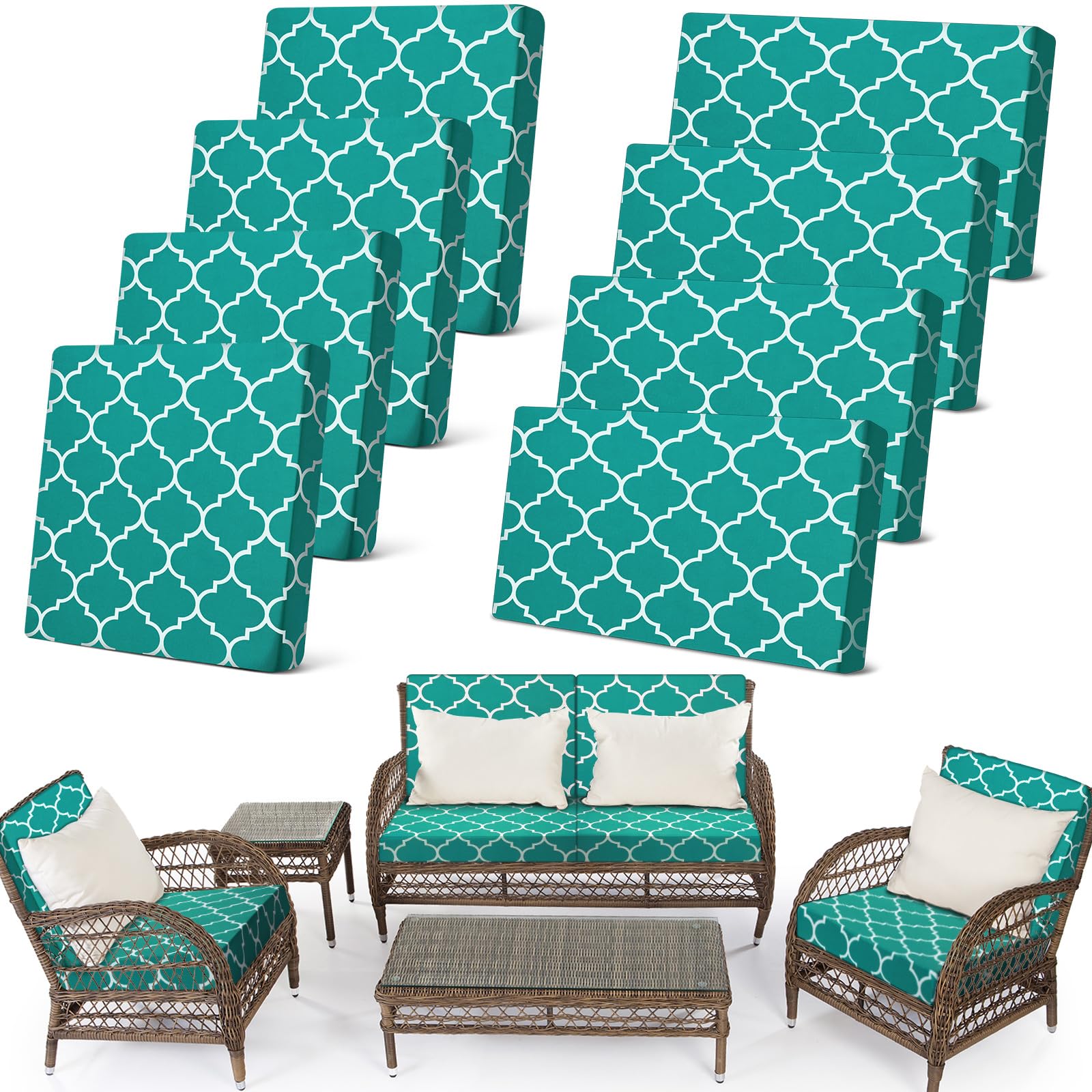 Newwiee front view of peacock blue covered patio sofa showing instant refresh benefit