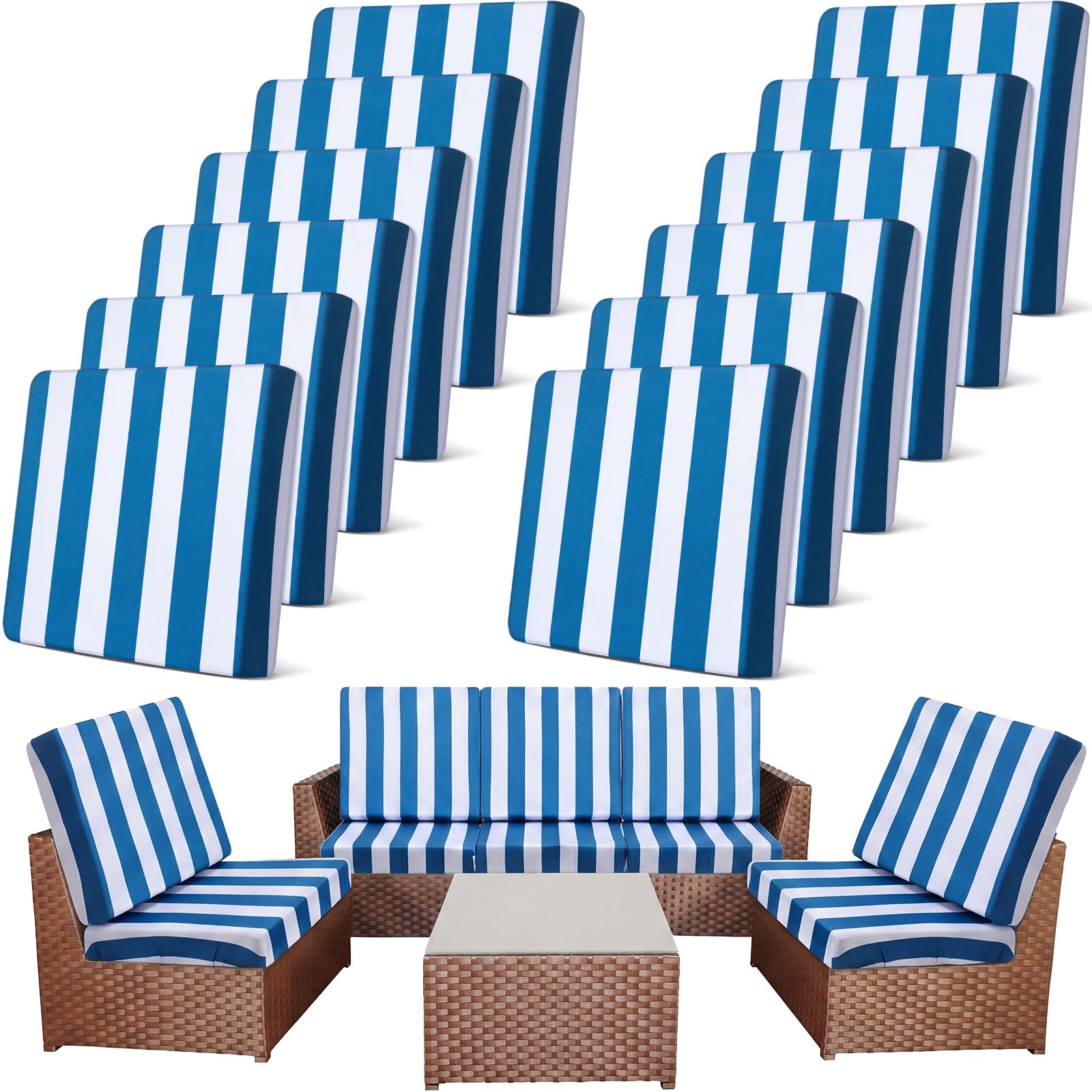 Newwiee front view of 12-piece striped cushion covers protecting furniture