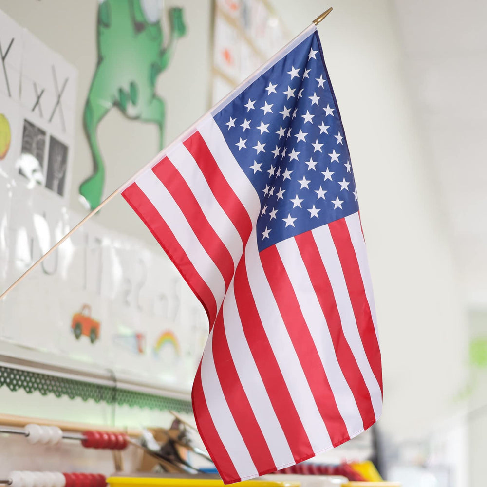 Newwiee scale comparison showing flag size relative to student desk for context