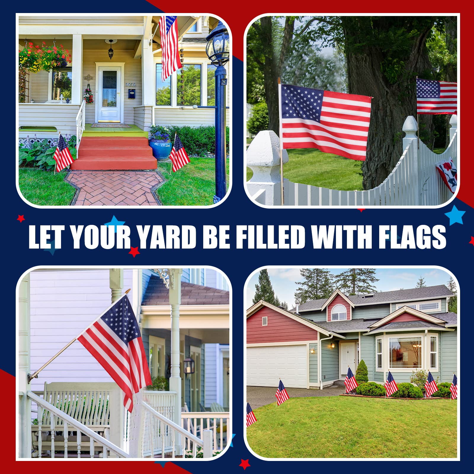 Newwiee row of flags in yard creating a patriotic pathway display