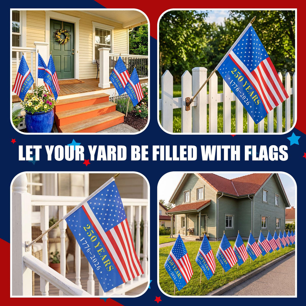 Newwiee flags planted in yard and planters creating festive curb appeal