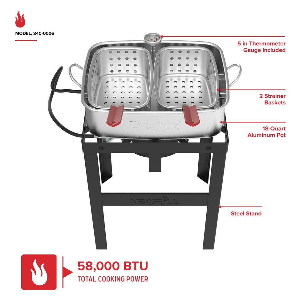 Nexgrill double basket closeup showing dual-strainer efficiency and easy draining