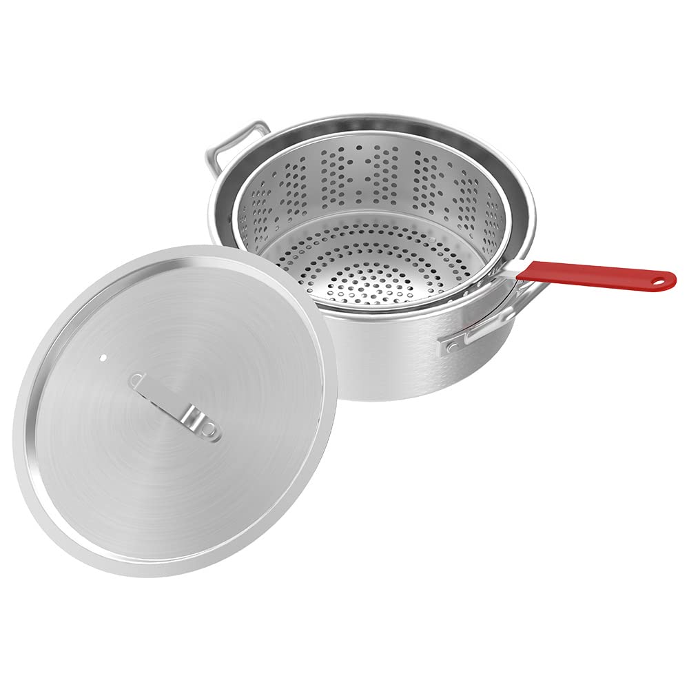 Nexgrill pot next to a hand illustrating 10.5 quart scale for batch cooking
