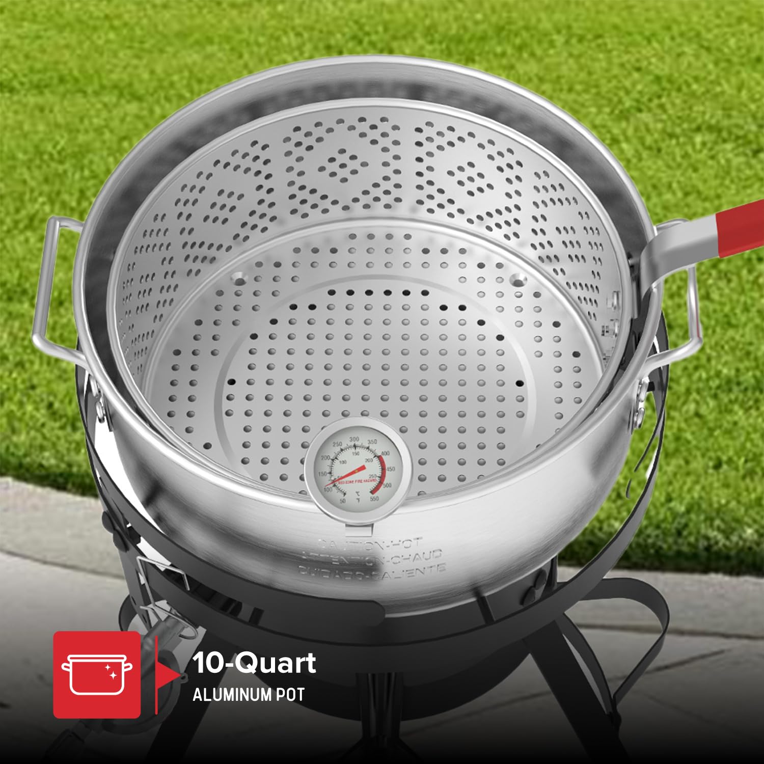 Nexgrill strainer basket detail showing safe lift and efficient draining benefit