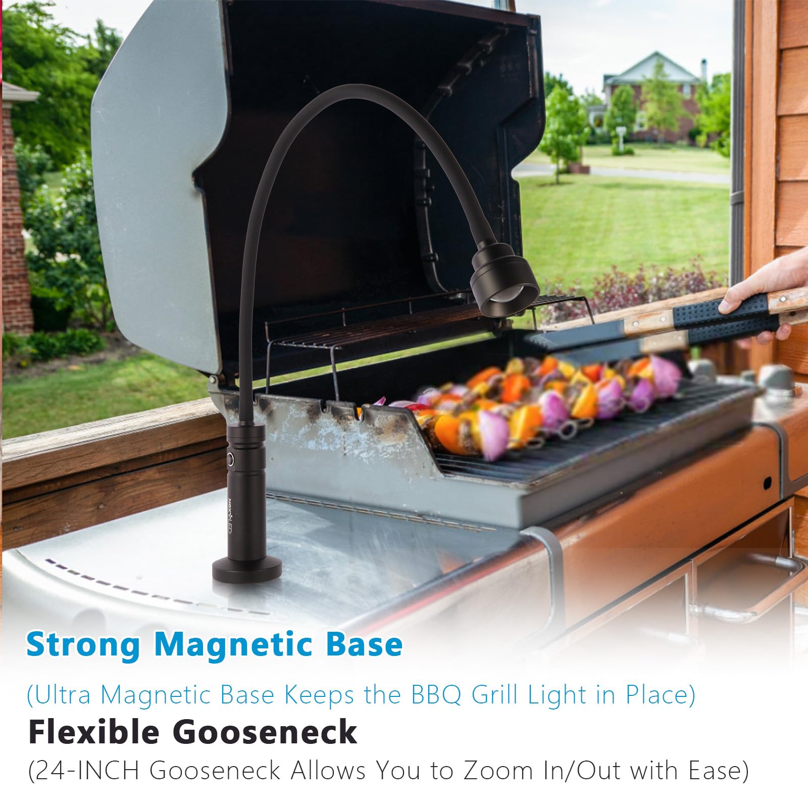 NextLED illuminating a nighttime barbecue enhancing visibility and food color