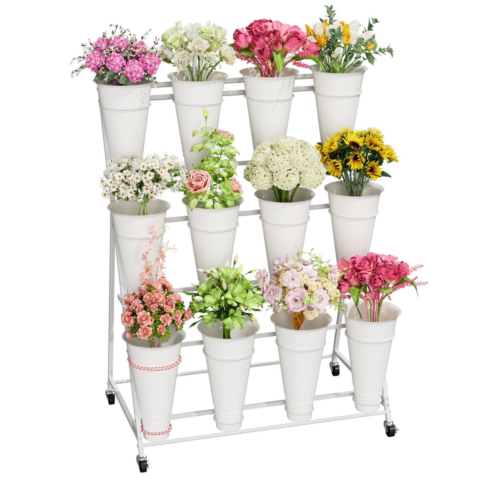 NEYCIL front view of 3-tier stand showing full twelve-bucket display and mobility