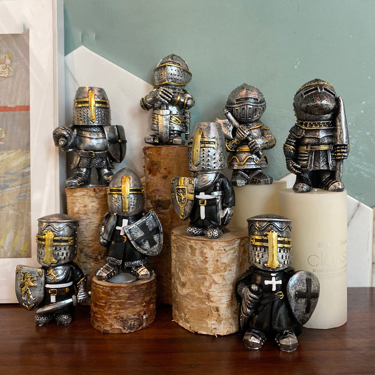nezababy group view of eight knight gnome statues showing variety and curb appeal