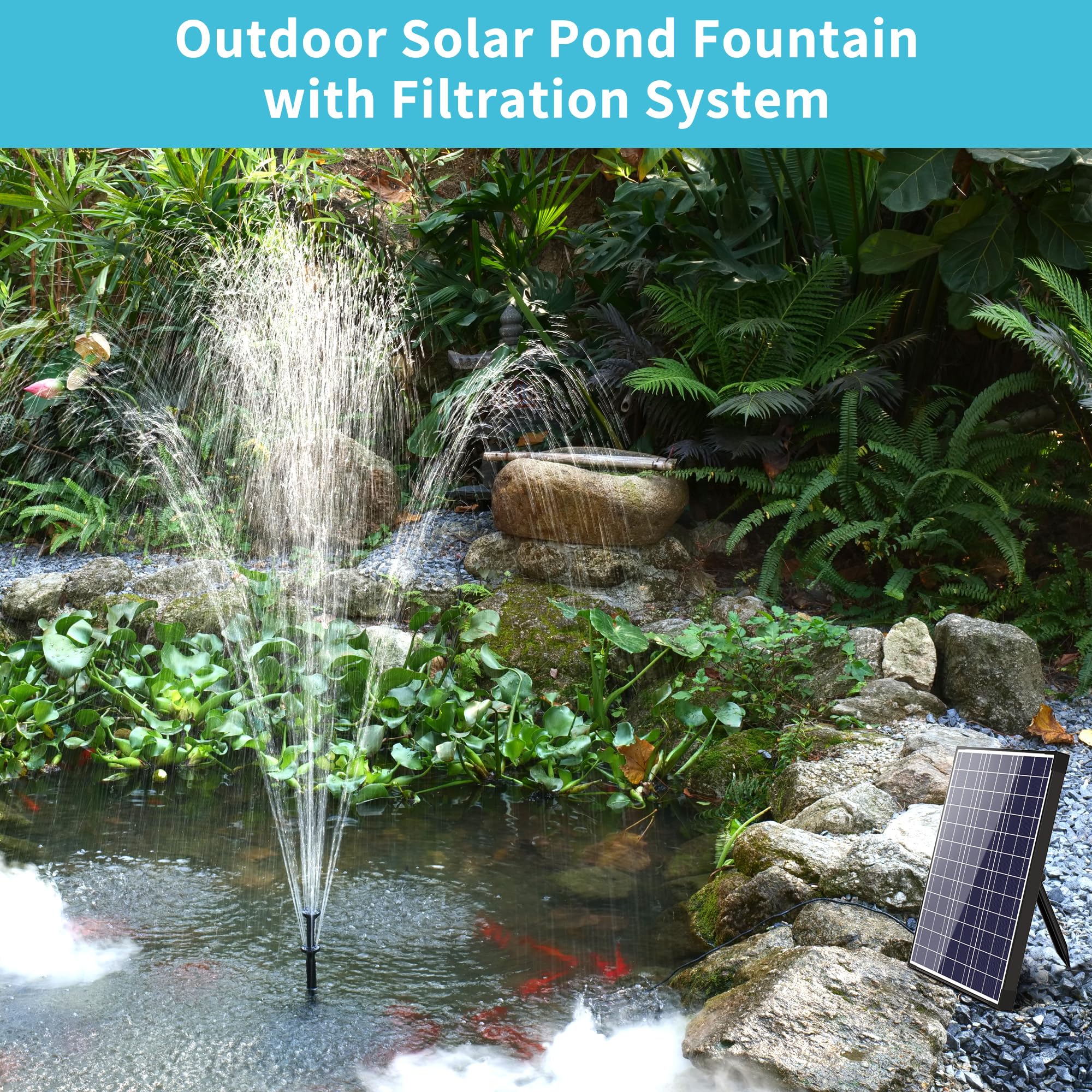 NFESOLAR aerating fountain in backyard setting improving pond oxygen and appearance
