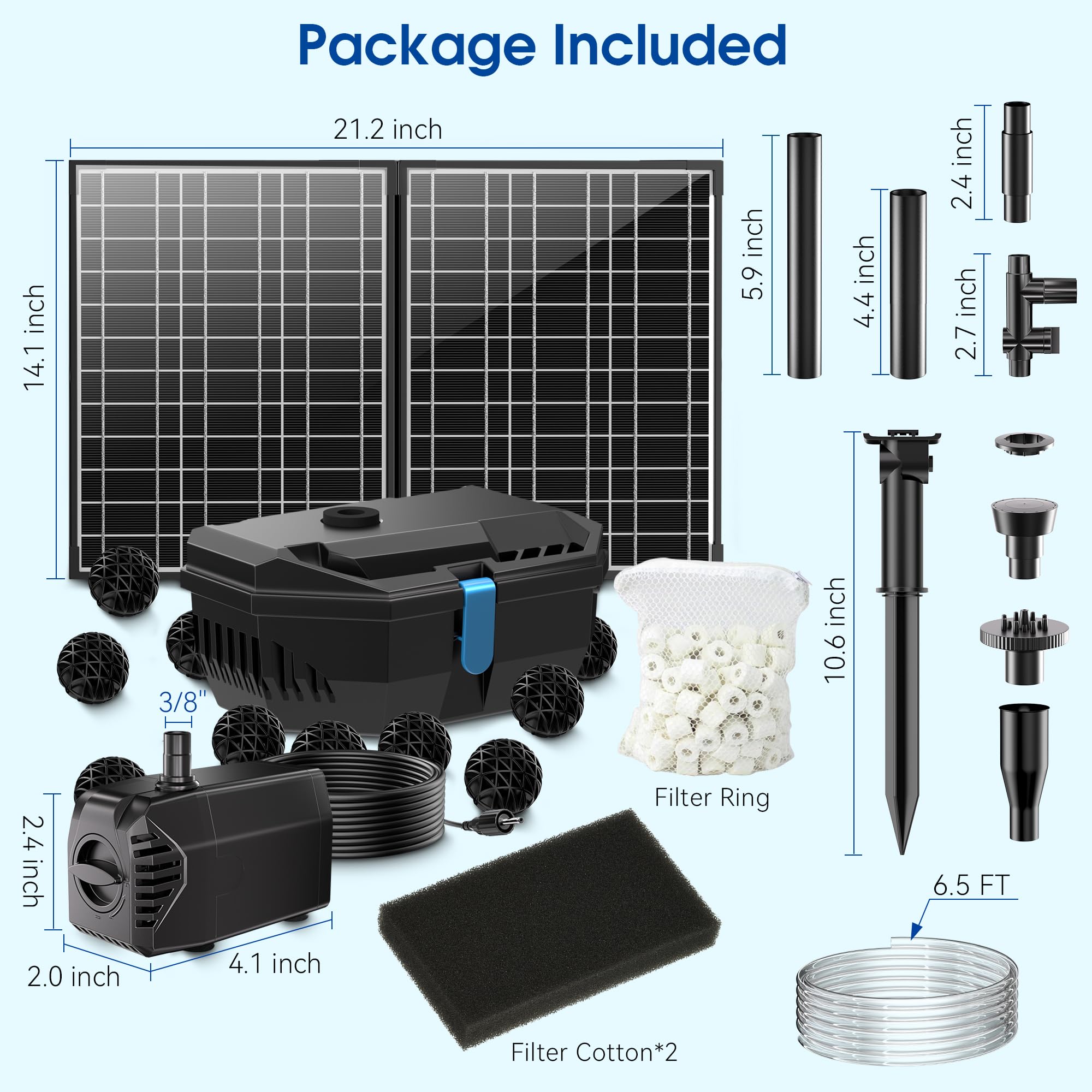 NFESOLAR system beside ruler showing scale for 200–600 gallon pond suitability and easy placement