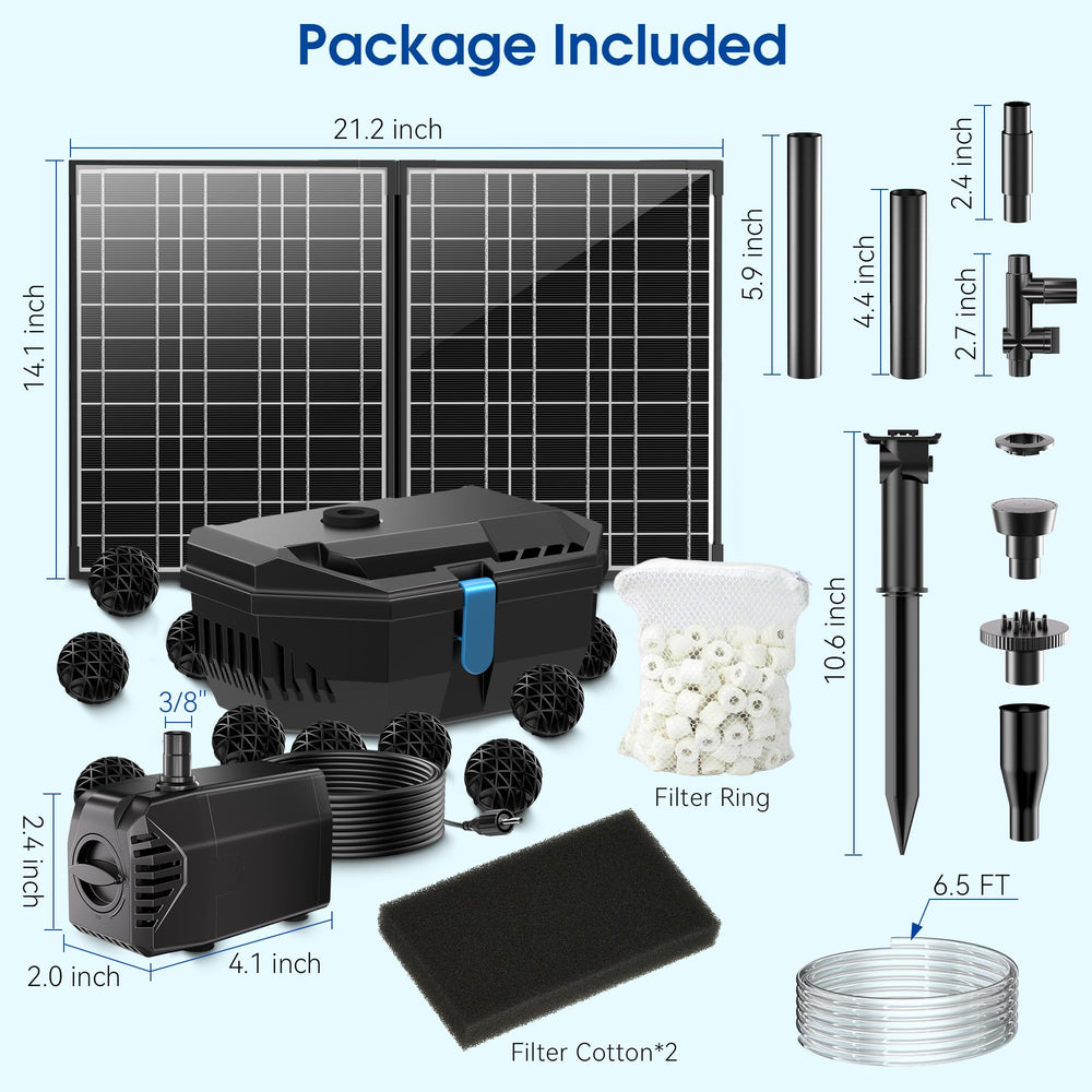 NFESOLAR system beside ruler showing scale for 200–600 gallon pond suitability and easy placement