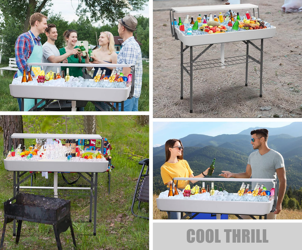 Nice C lifestyle backyard party setup showing cooler table keeping drinks cold and guests happy