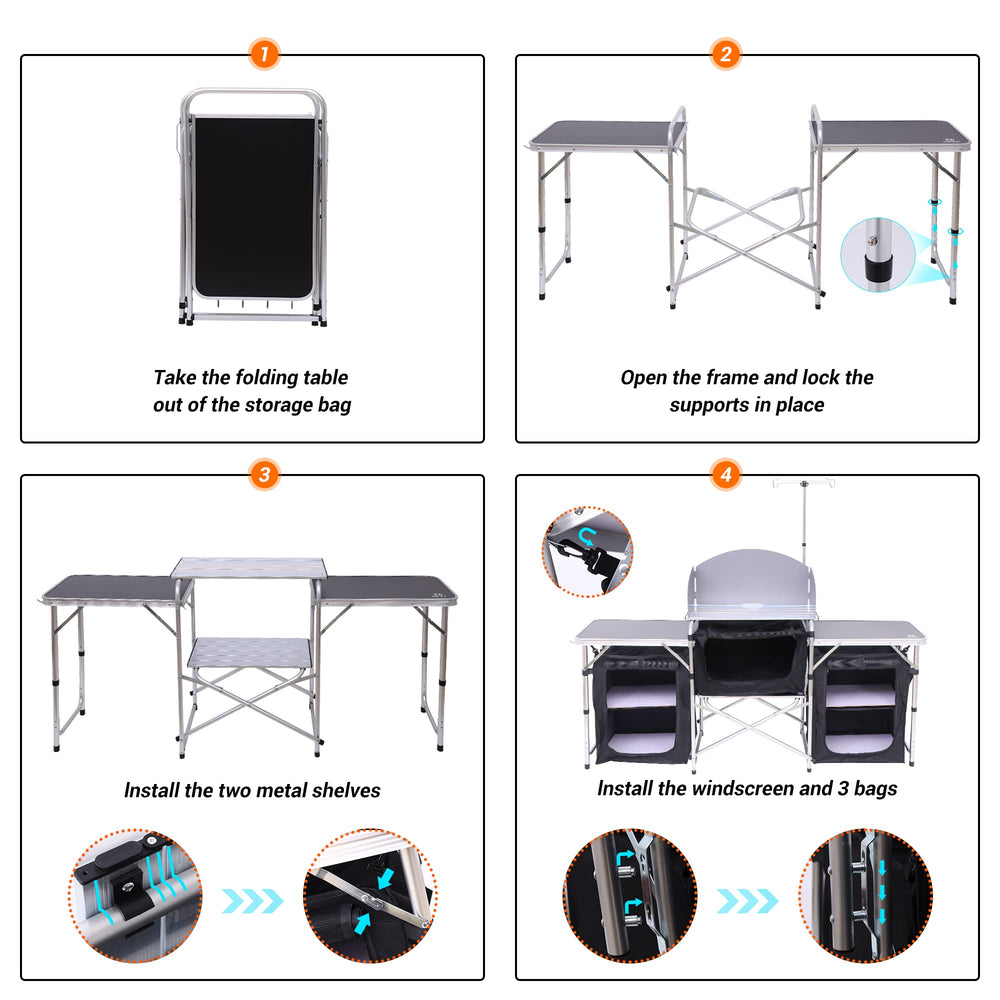 Nice C table in use at campsite with stove and light for convenient meal prep