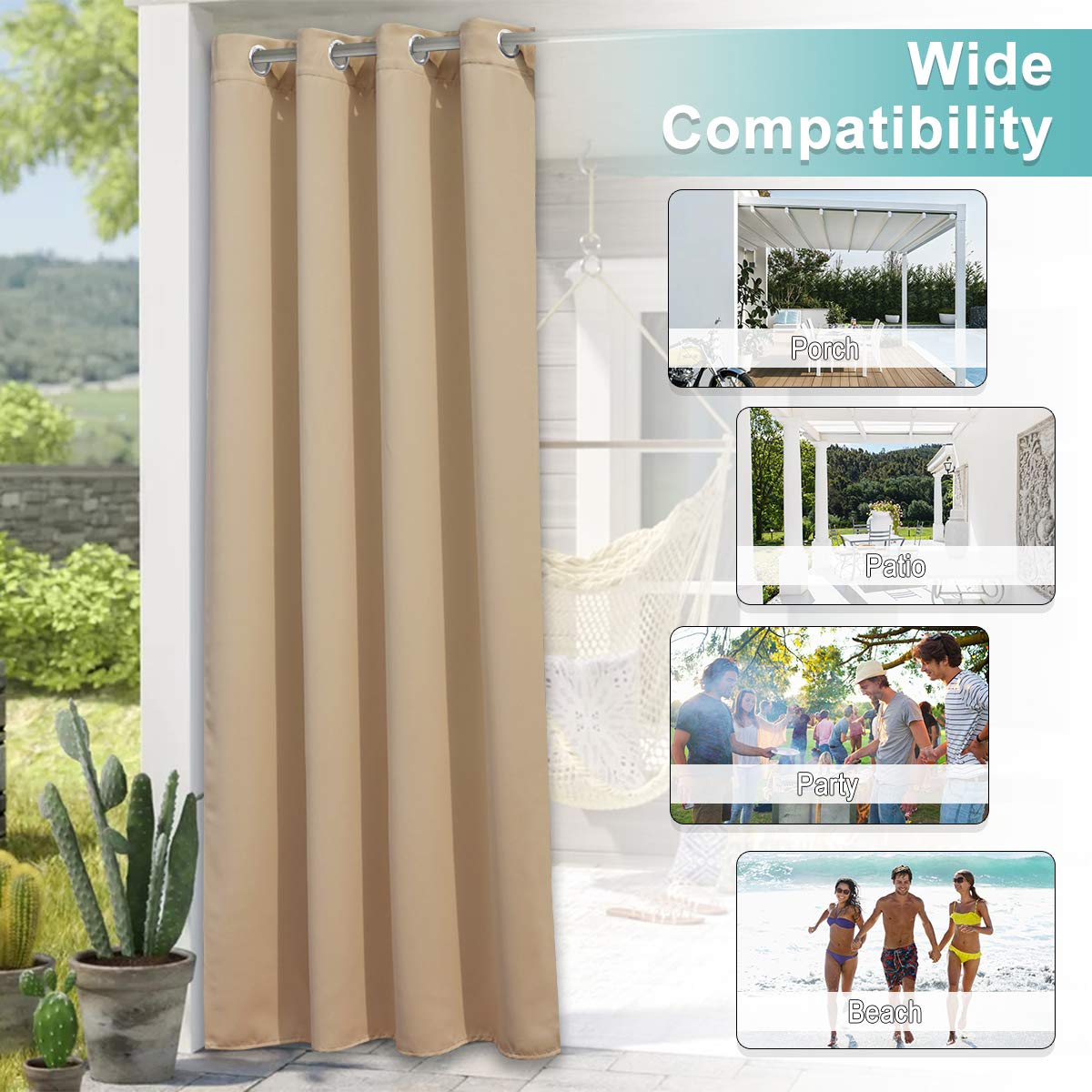 NICETOWN curtains hung on a patio demonstrating privacy and weather protection