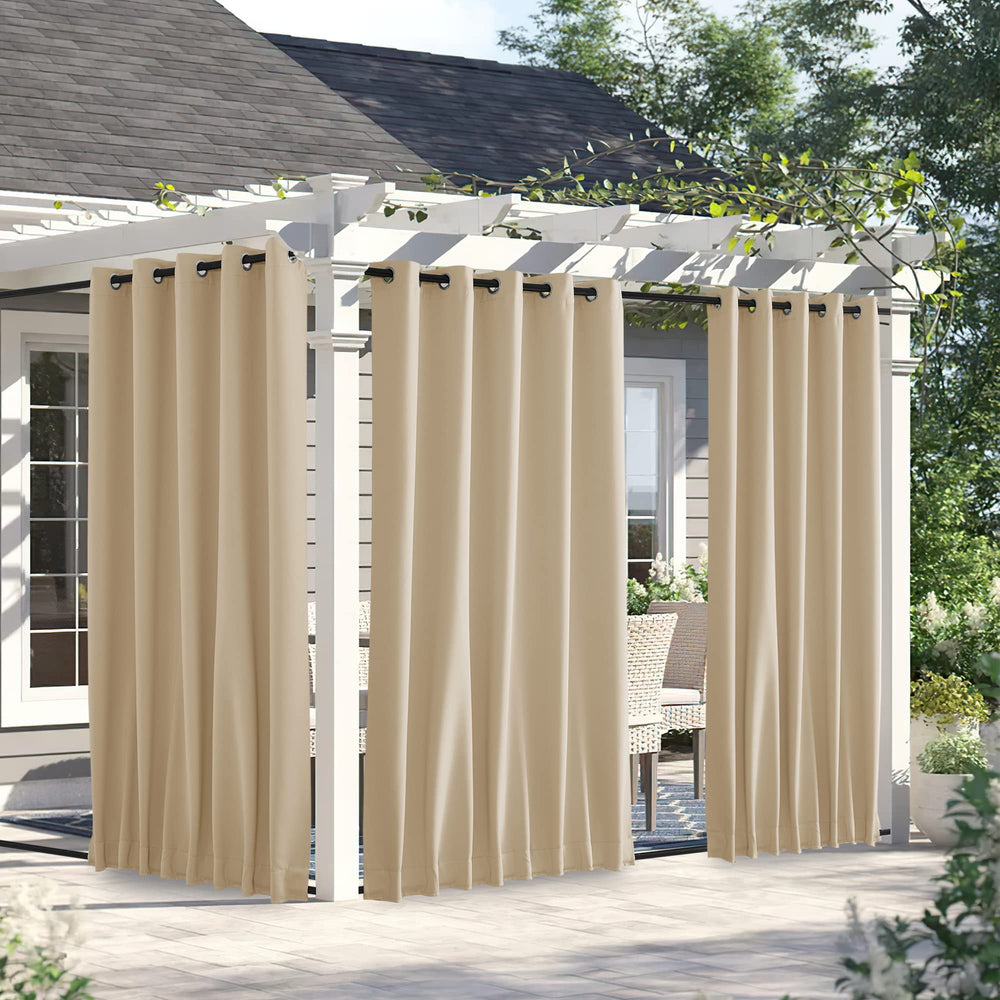 NICETOWN front view of biscotti beige panels showing styling and coverage benefit