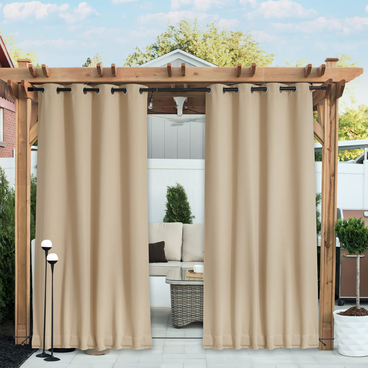 NICETOWN front view of Biscotti Beige outdoor curtain set showing size and finish benefit
