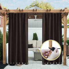NICETOWN front view of brown outdoor curtains showing full-length coverage and curb appeal