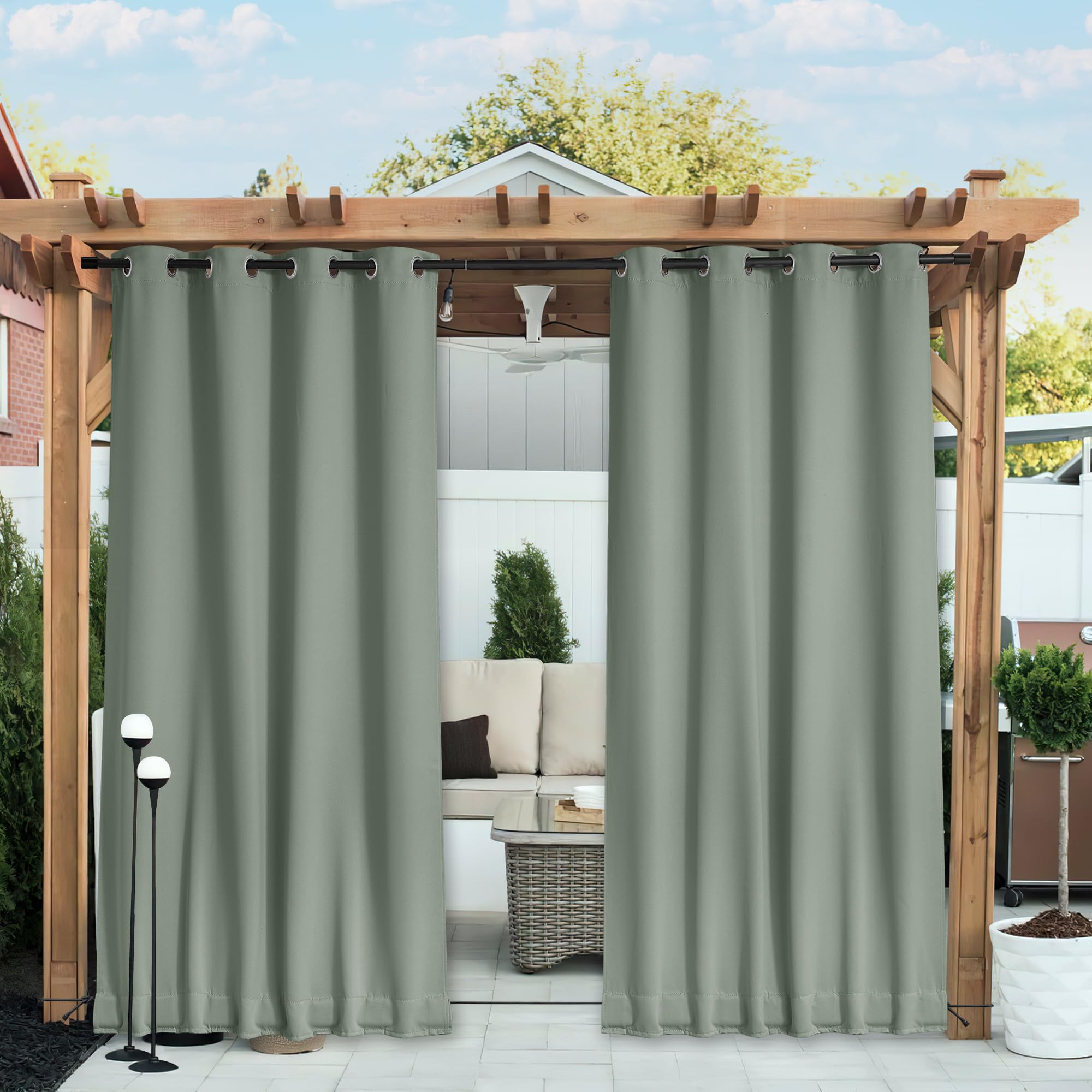 NICETOWN front view of sage green outdoor curtain showing full panel and privacy benefit