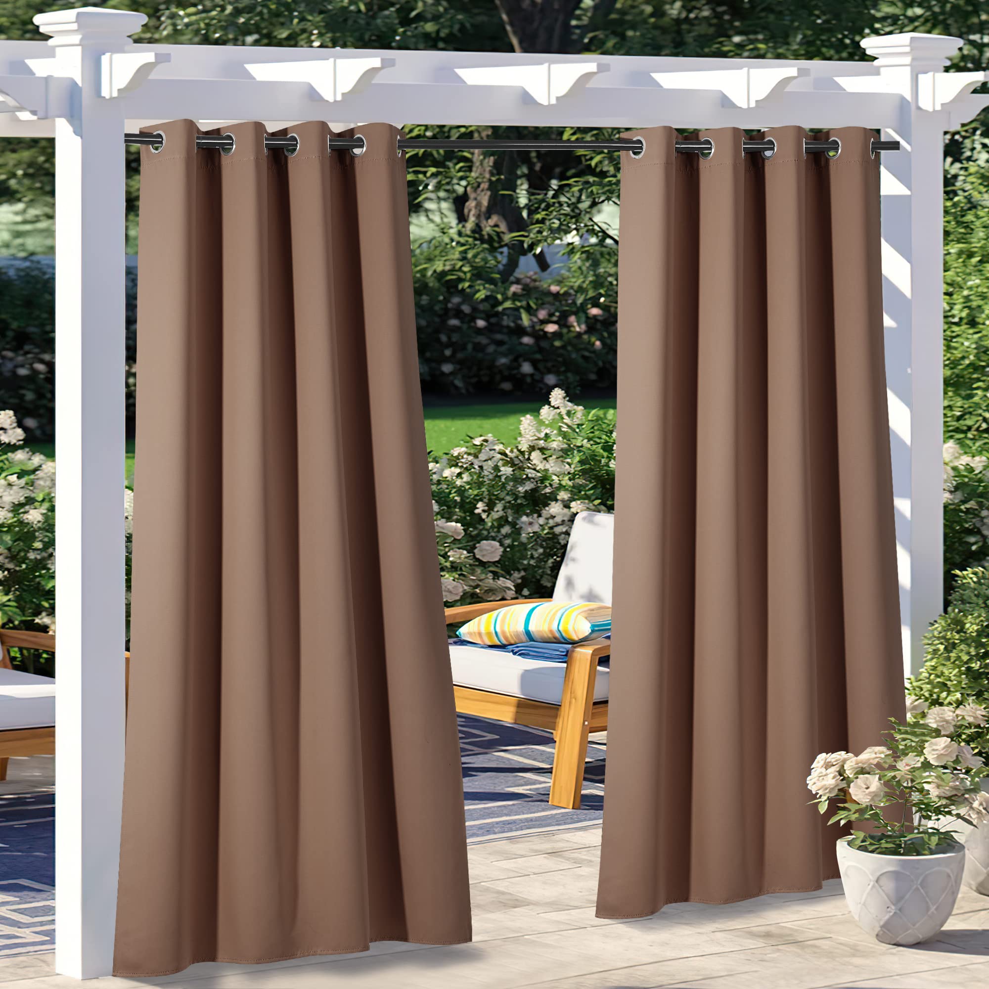 NICETOWN front view of tan panels showing full coverage and neat hem