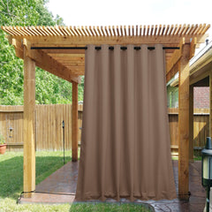 NICETOWN front view of tan outdoor panels showing privacy and shade benefit