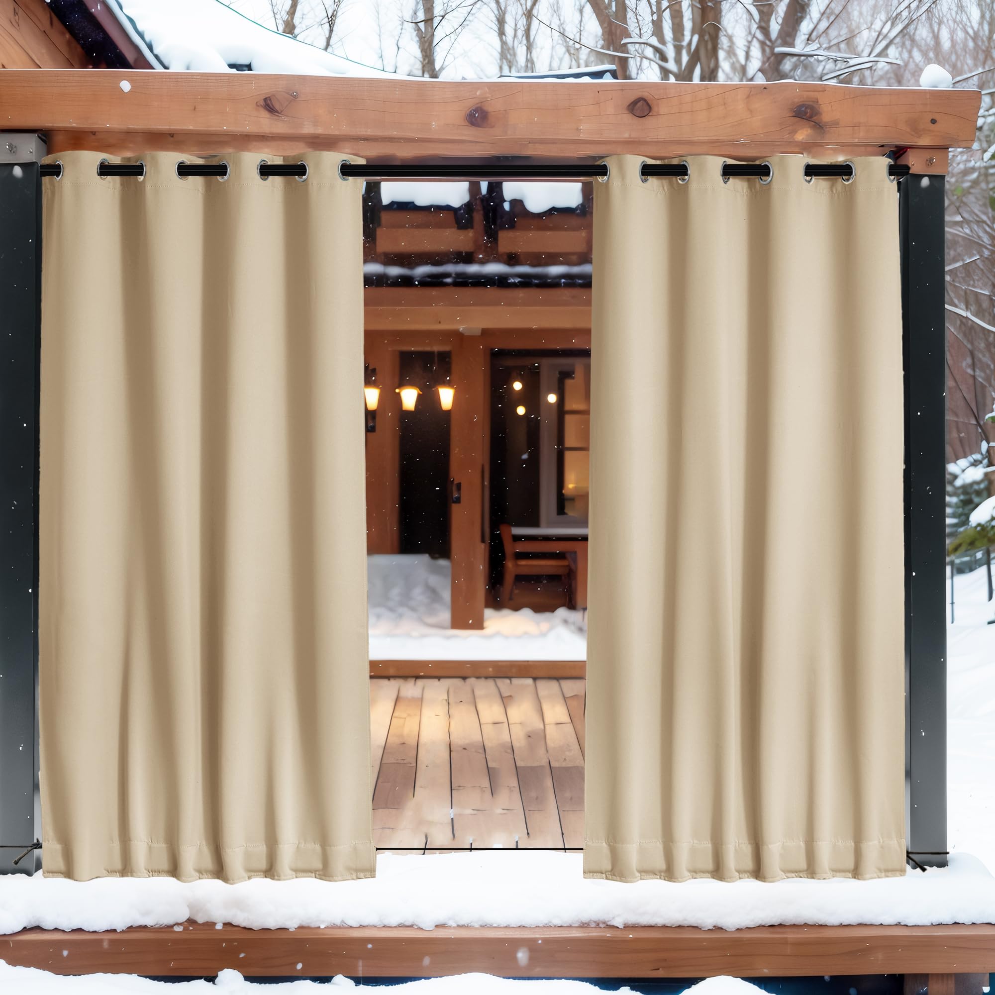 NICETOWN curtains framing evening patio scene offering privacy and cozy benefit