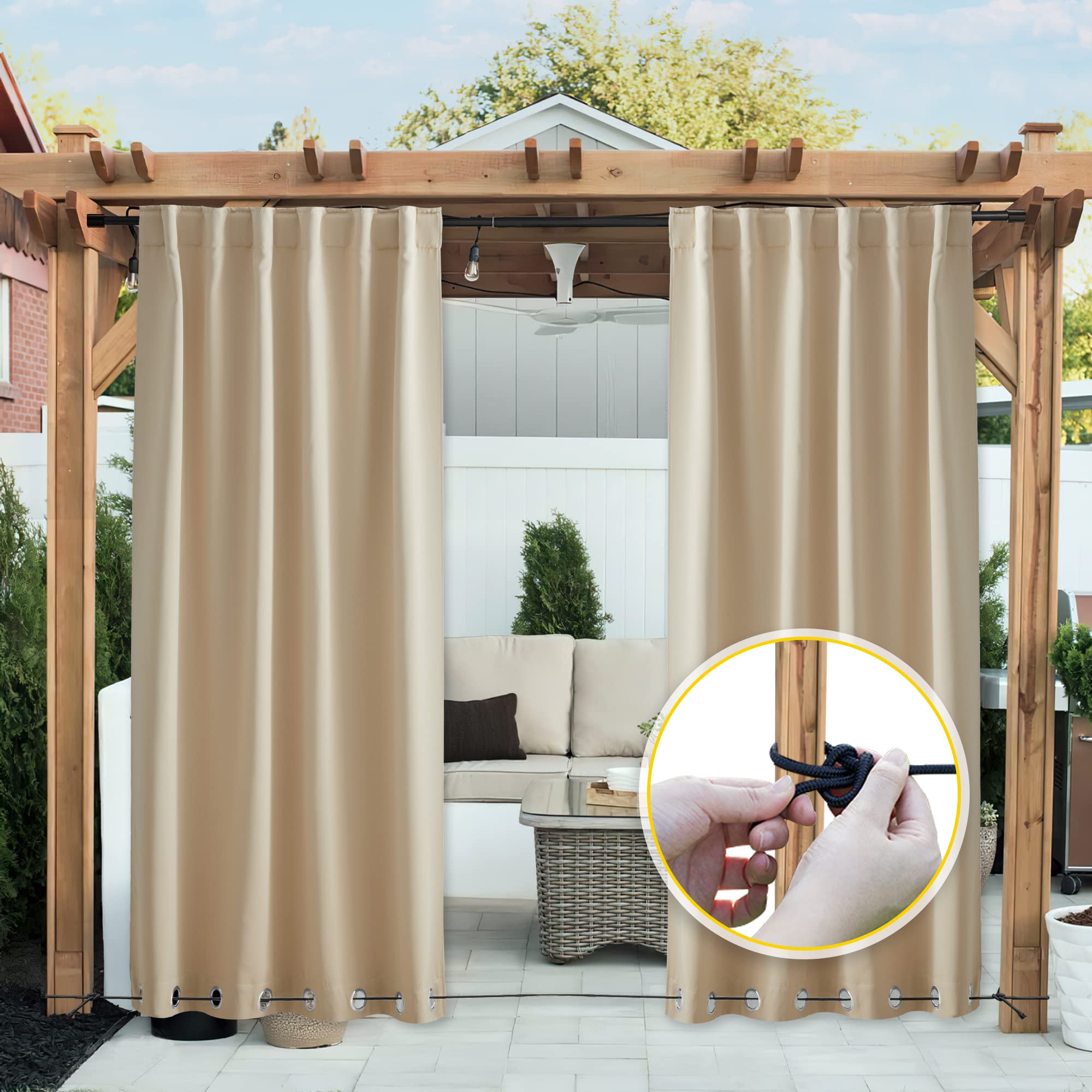 NICETOWN full patio scene with curtains providing privacy and cooler shade benefit