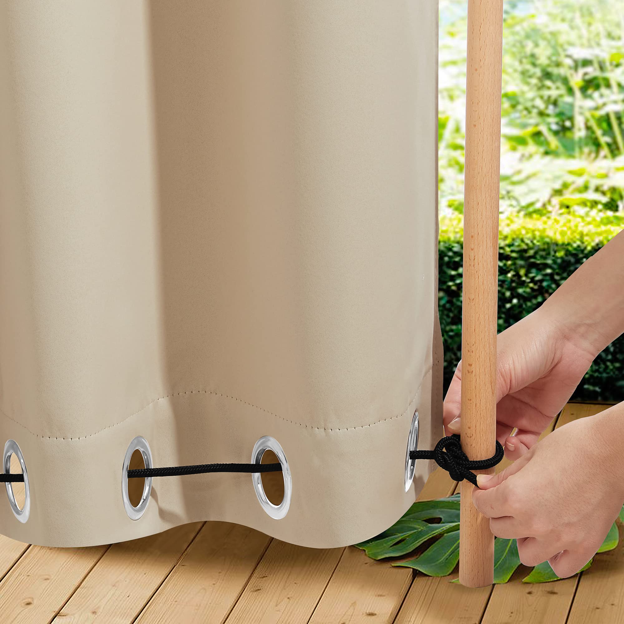 NICETOWN front view of two Biscotti Beige outdoor curtain panels offering clean privacy