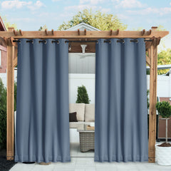 NICETOWN front view of stone blue curtains showing clean look and weather protection