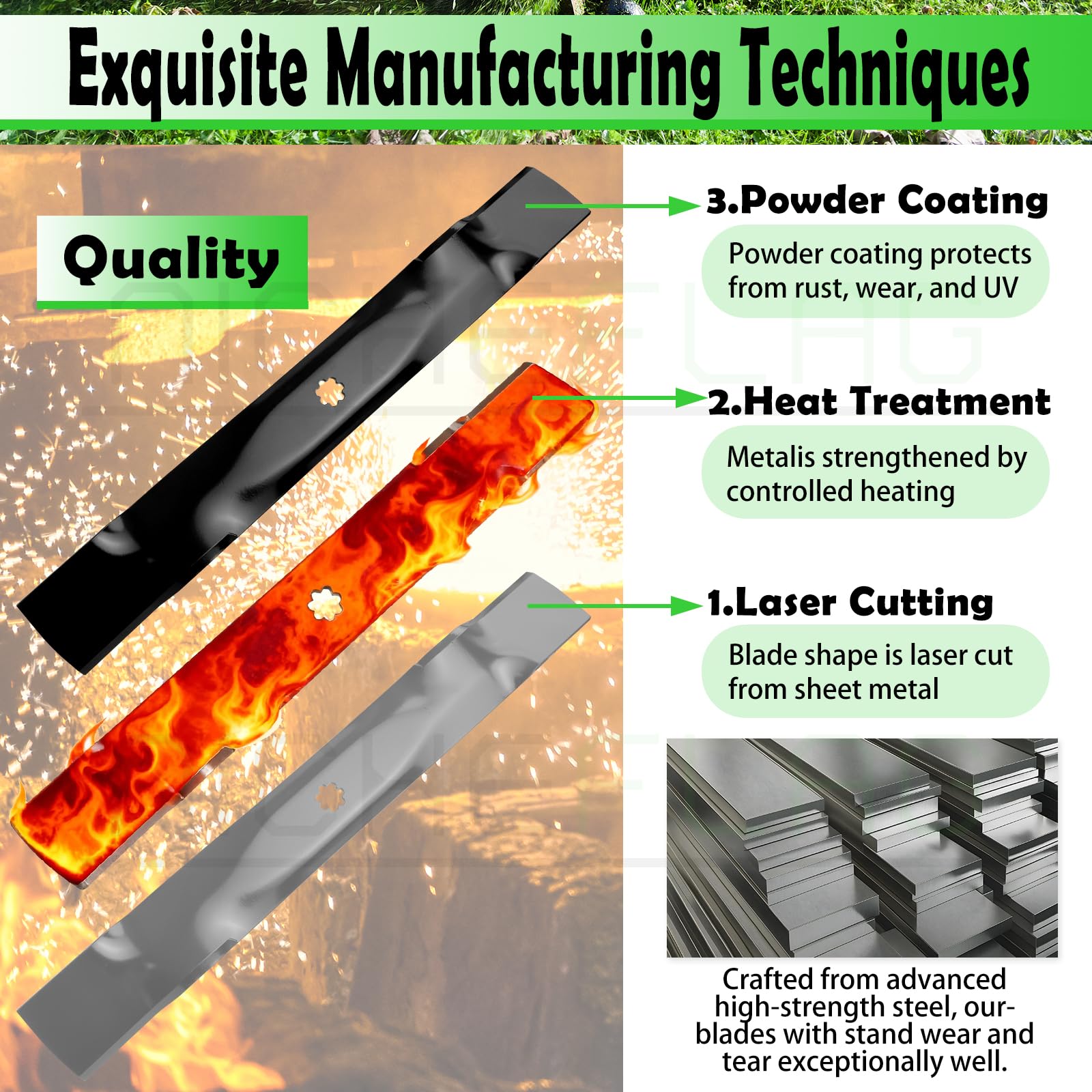 NICHEFLAG blade profile side view illustrating mulching lift for improved clipping flow