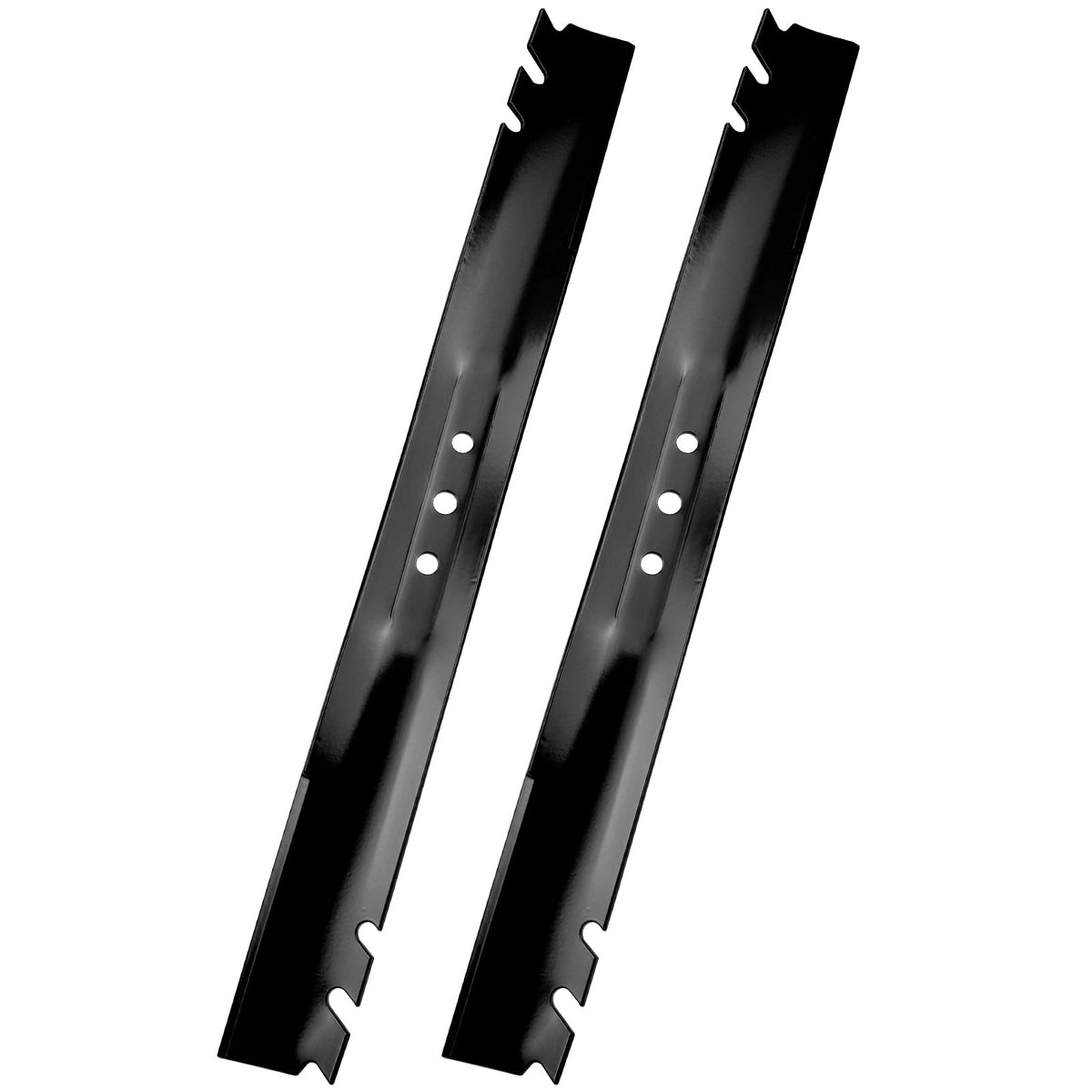 NICHEFLAG front view of two gator mulching blades showing durable finish and shape for reliable cutting