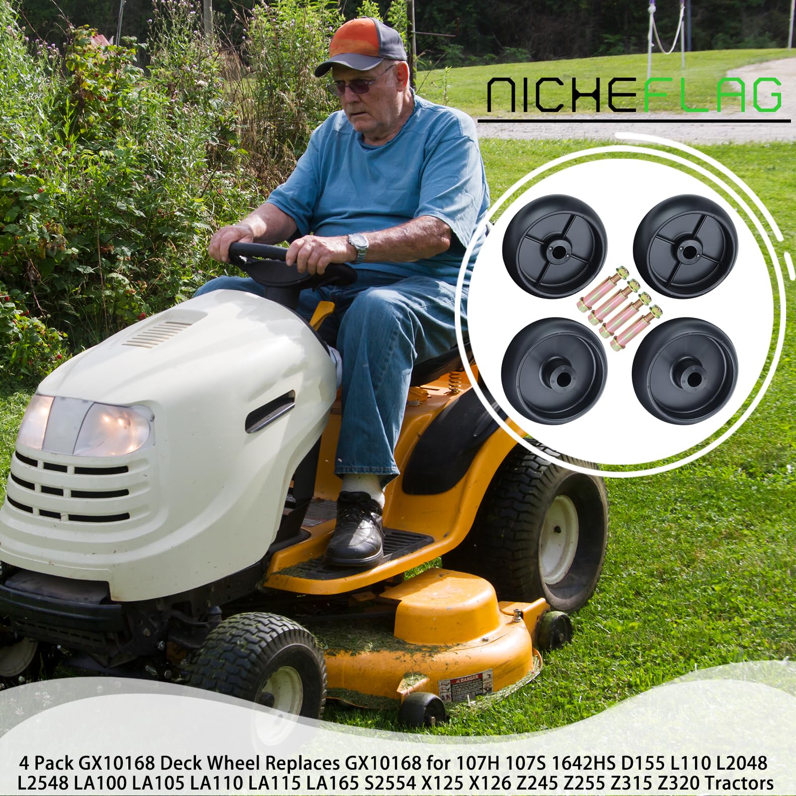 NICHEFLAG mower in lawn showcasing new wheels improving cutting consistency