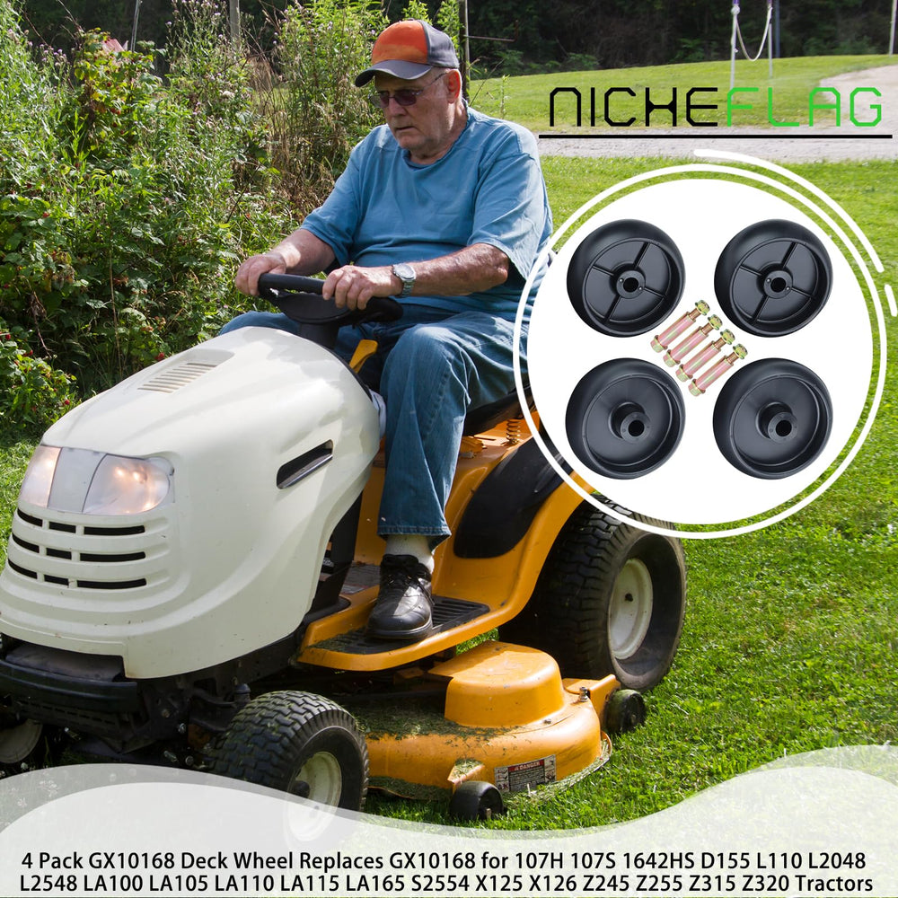 NICHEFLAG mower in lawn showcasing new wheels improving cutting consistency