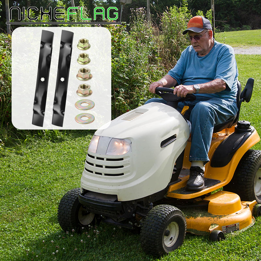 NICHEFLAG lifestyle shot of mower mulching grass evenly on a maintained lawn