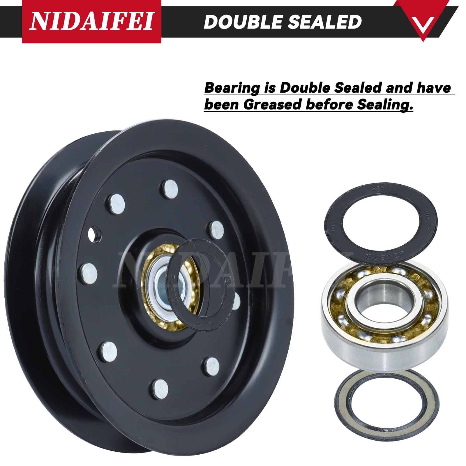 NIDAIFEI pulley installed on Hustler deck demonstrating restored belt routing