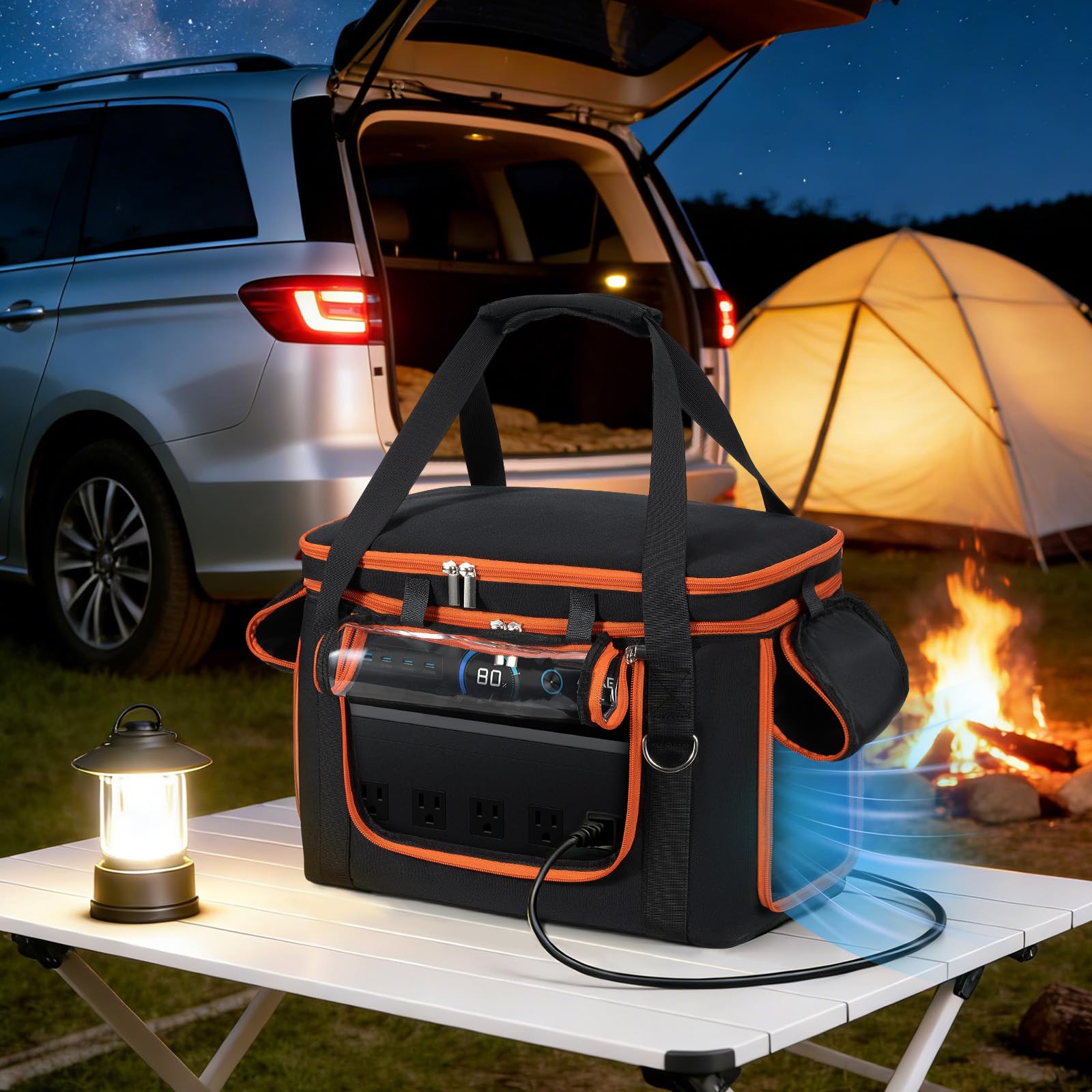NIFUYOP lifestyle shot at campsite with power station in case ready for outdoor use