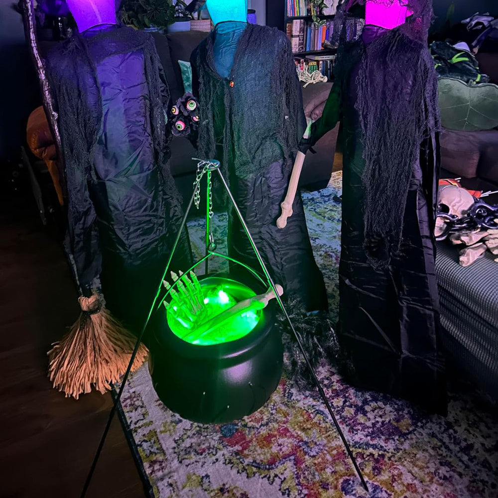 NIGHT-GRING cauldron on porch showing instant spooky curb appeal