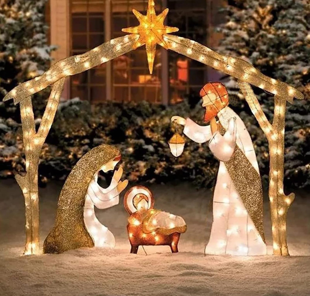 NIGHT-GRING front view of 5ft nativity set showing full illuminated scene and yard placement