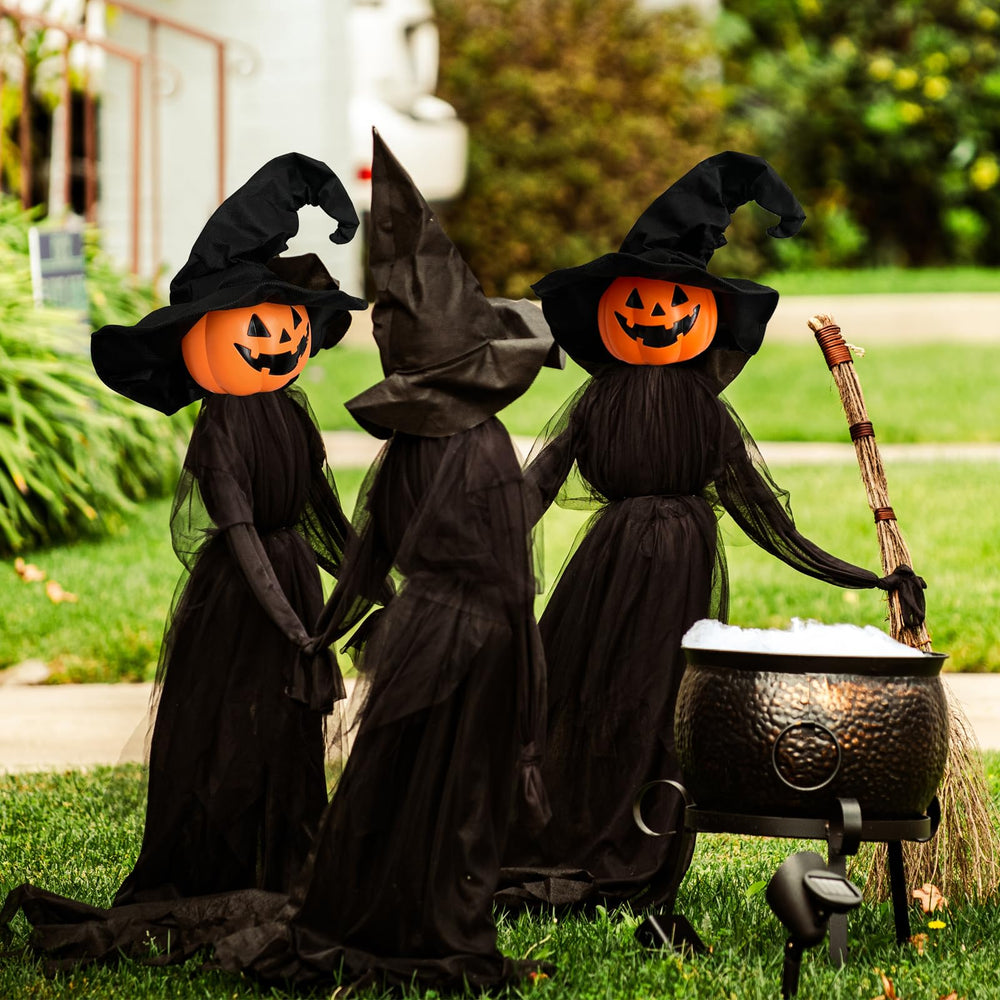 NIGHT-GRING front view of three light-up witches boosting curb appeal