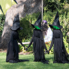 NIGHT-GRING front view of three witches holding hands for dramatic yard impact