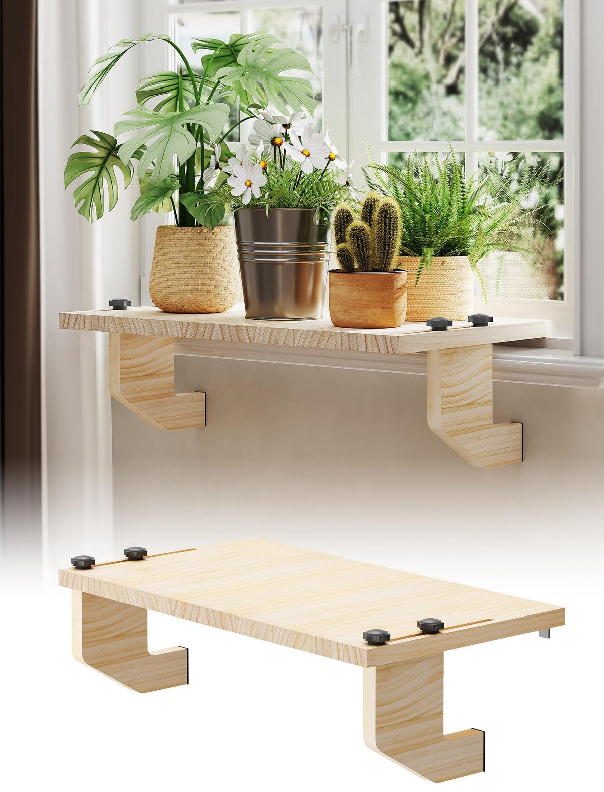 NiHome front view of shelf showing expanded windowsill and neat display benefit