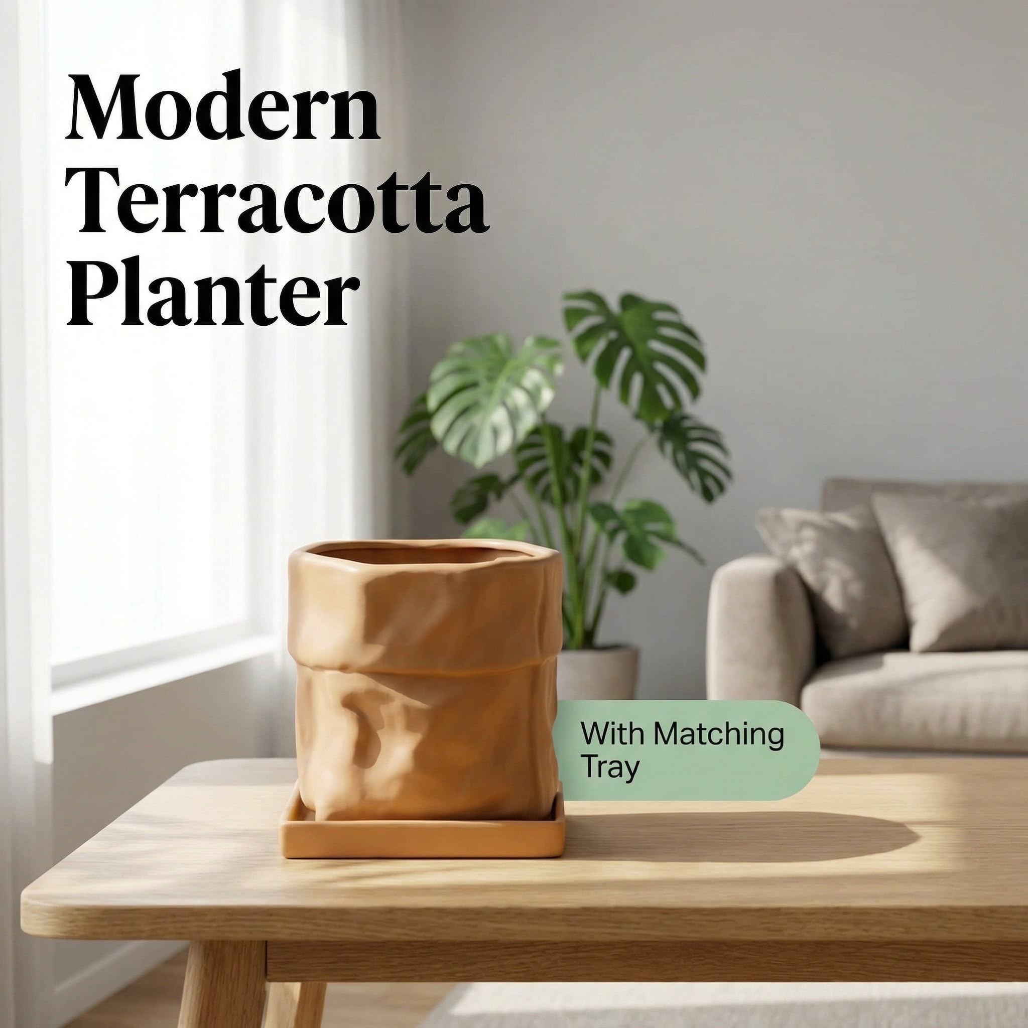 Nihow square saucer under pot showing snug fit, protects surfaces from runoff
